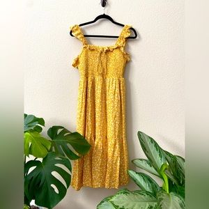 Yellow Floral Smocked Midi Dress